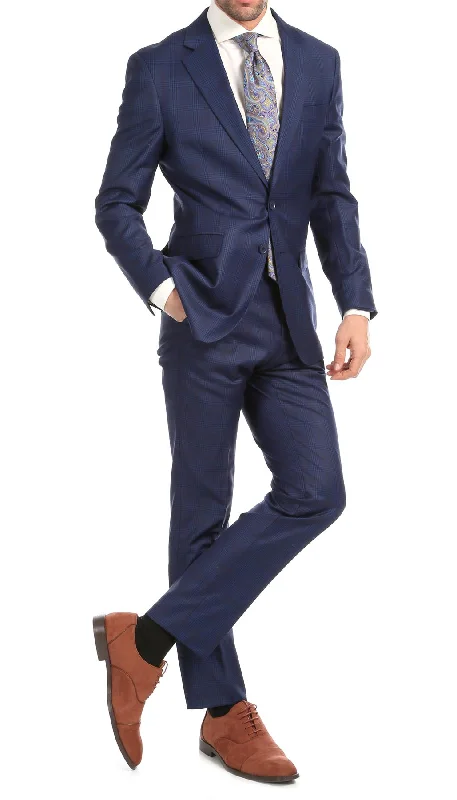 Ferrecci Mens Blue Plaid Classic Fit Wool Blend 2 Piece Suit