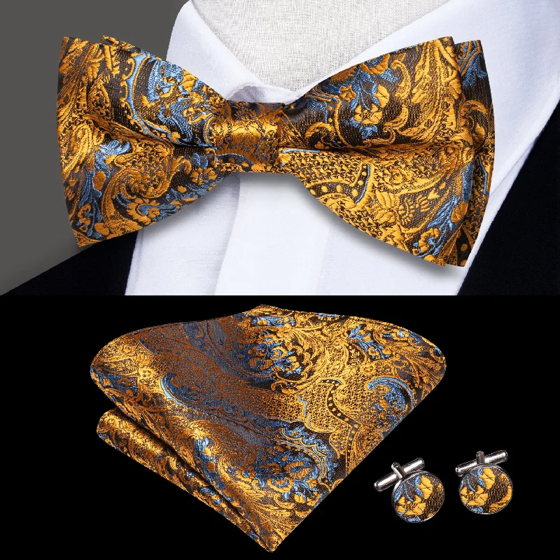 Golden Brown Paisley Men's Pre-tied Bowtie Pocket Square Cufflinks Set