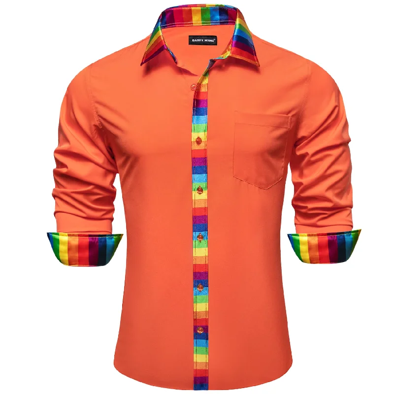 Barry Wang Orange Silk Shirt Splicing Rainbow Color Collar Cuff Shirt