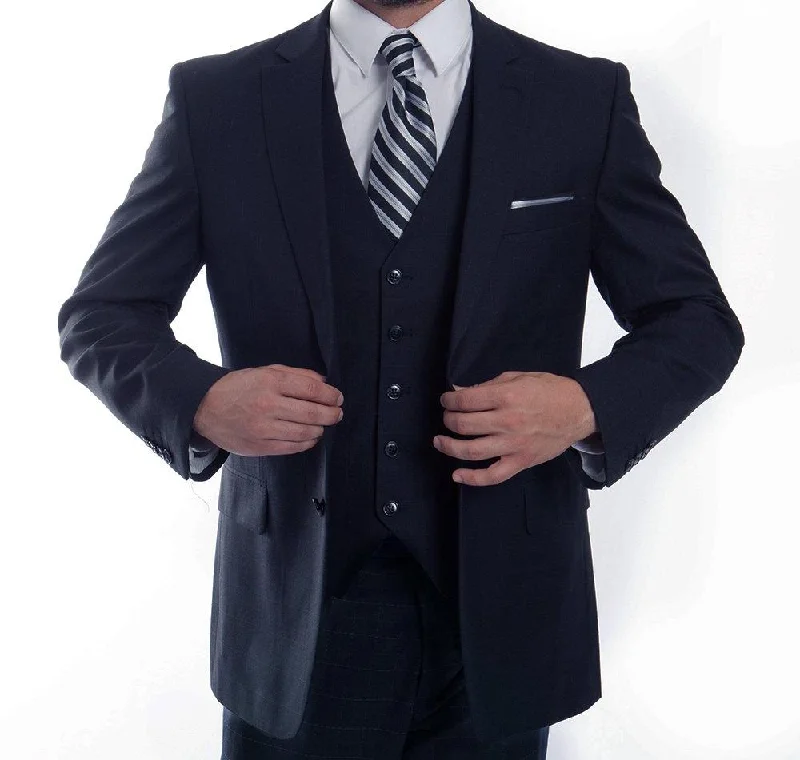 Modern Fit 3 Piece Fine Wool Suit Windowpane Navy