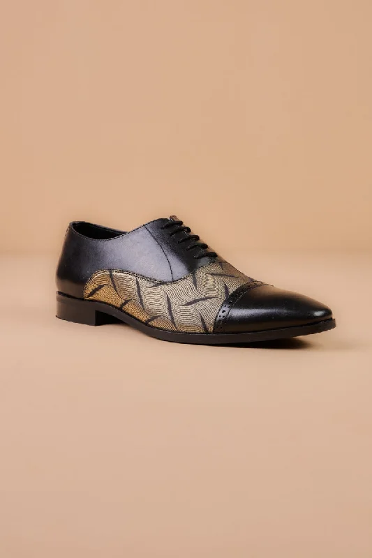 Black Leather Brogue With Brocade Detailing