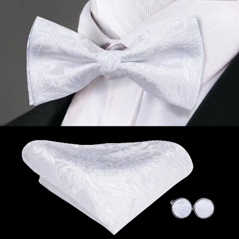 Pure White Floral Pre-tied Bow Tie Hanky Cufflinks Set