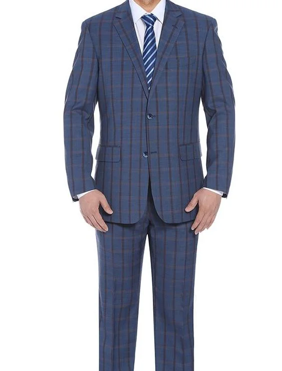 Bova Collection - Stretch Suit 2 Piece Blue Glen Plaid Regular Fit