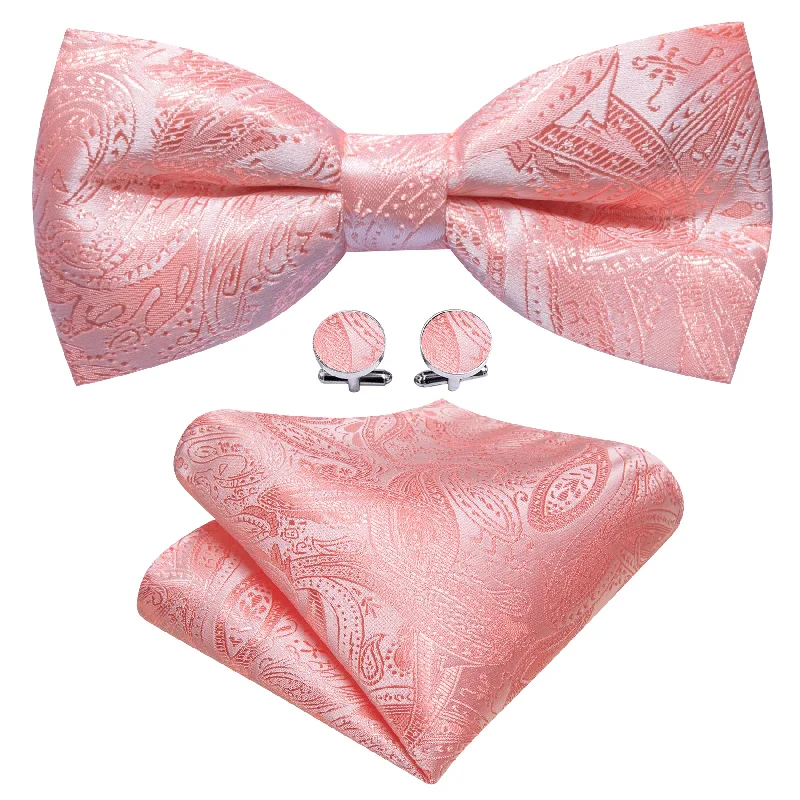 Pink Paisley Pre Tied Bow Tie Hanky Cufflinks Set