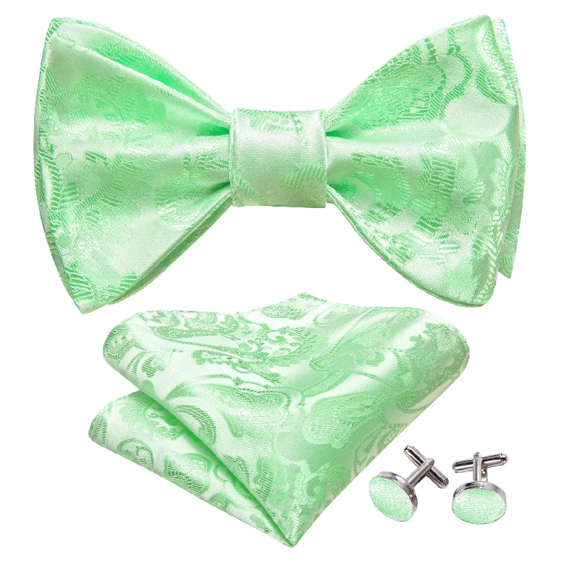 Turquoise Green Paisley Self Tie Bow Tie Hanky Cufflinks Set