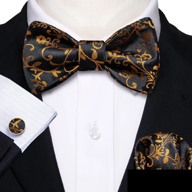 Black Golden Floral Self-tied Bow Tie Pocket Square Cufflinks Set