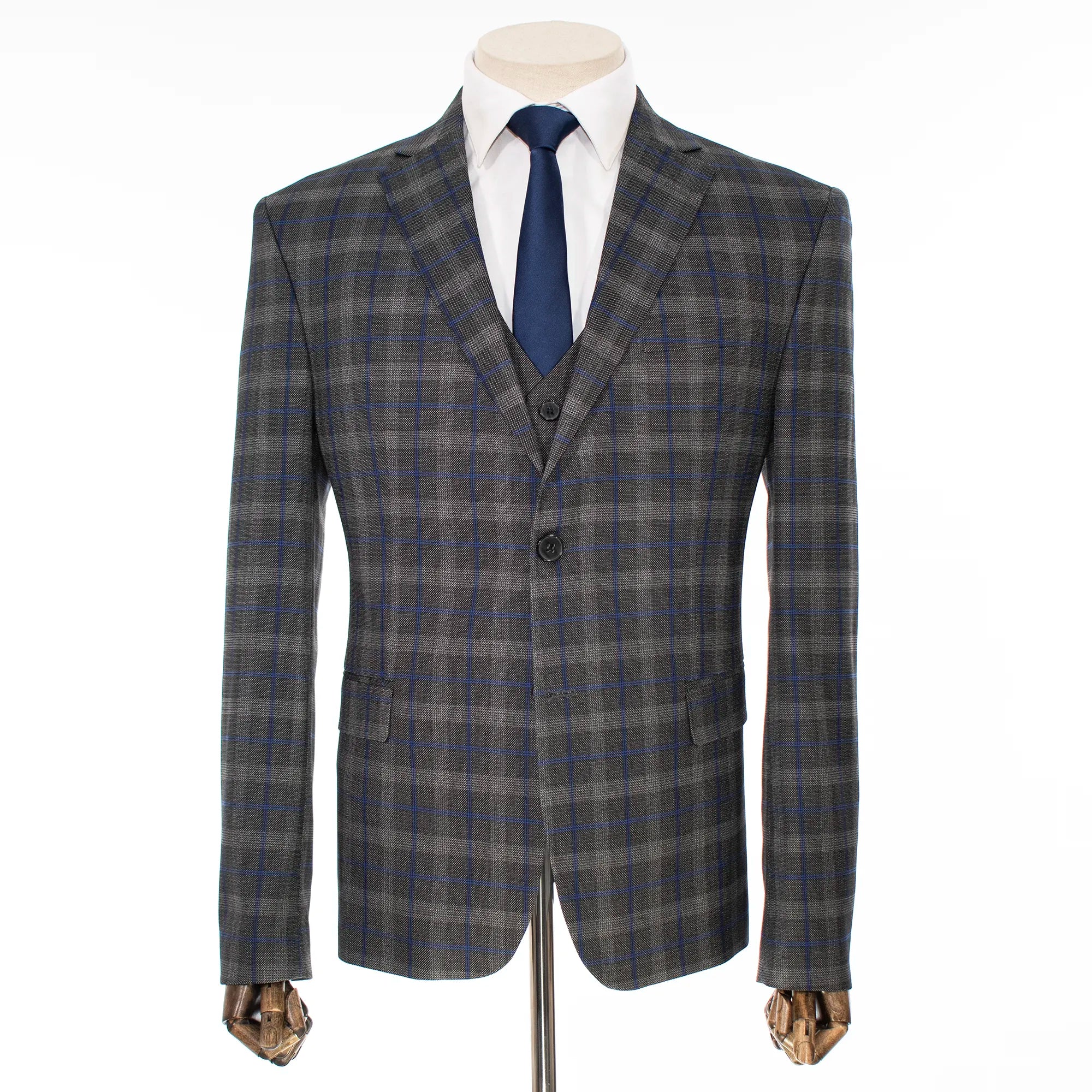 Gray and Blue Windowpane 3-Piece Tailored-Fit Suit