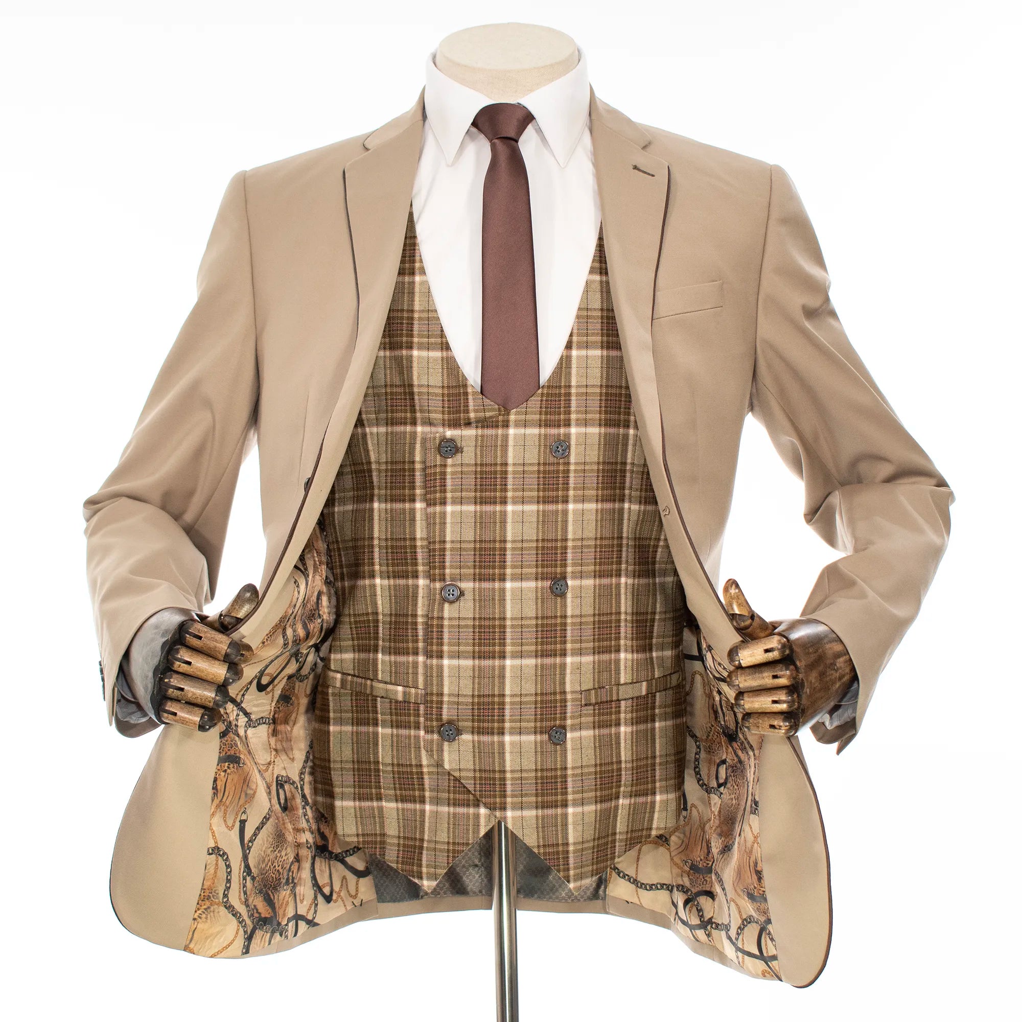 Taupe 3-Piece Slim-Fit Suit with Plaid Pants