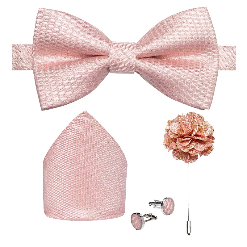 Baby Pink Plaid Men's Pre-tied Bow Tie Pocket Square Cufflinks Set with Lapel Pin