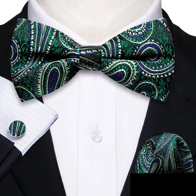 Green Blue Paisley Pre-tied Bow Tie Pocket Square Cufflinks Set