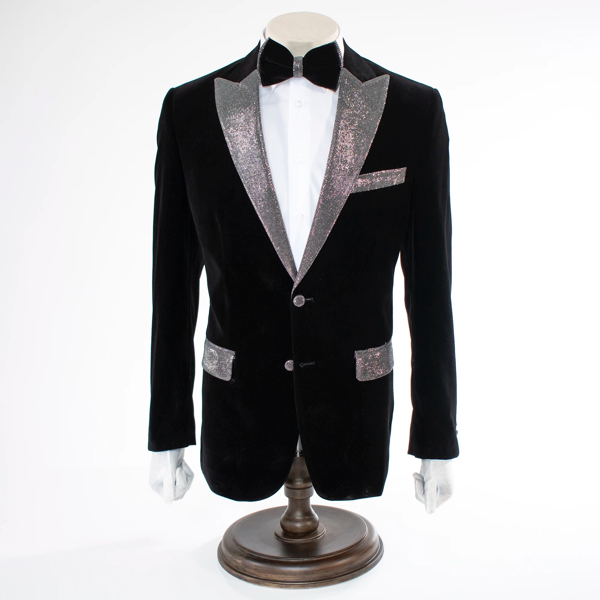 Black Velvet Regular-Fit Jacket with Silver Peak Lapel