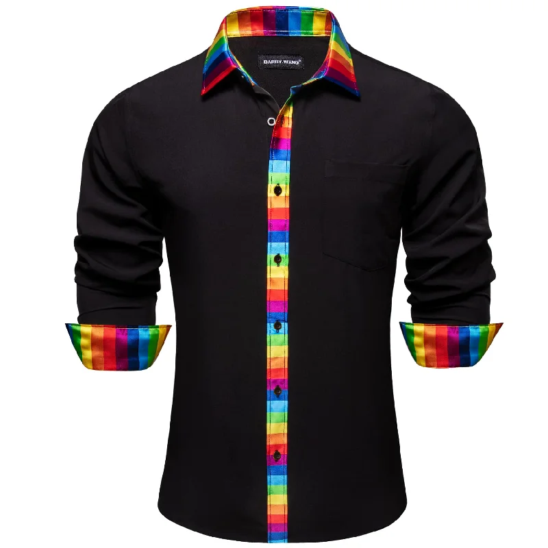 Barry Wang Black Silk Shirt Splicing Rainbow Color Collar Cuffs Shirt