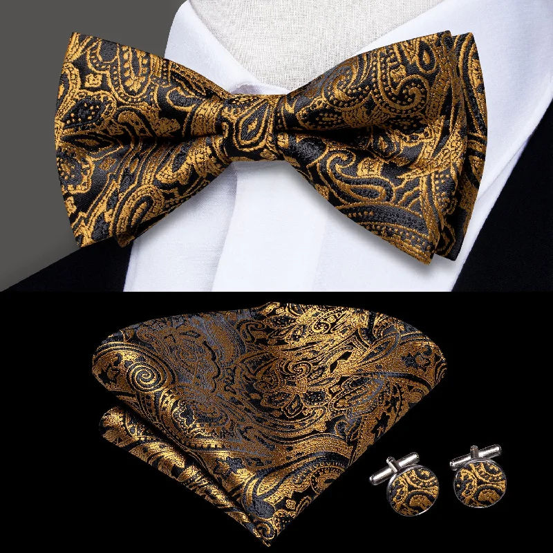 Black Golden Paisley Pre-tied Bow Tie Pocket Square Cufflinks Set