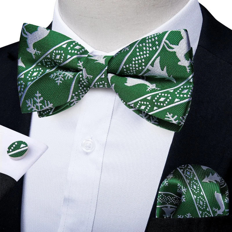 Christmas Green Novelty Men's Pre-tied Bowtie Pocket Square Cufflinks Set