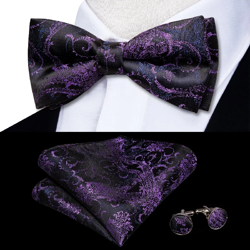 Black Purple Blue Paisley Pre-tied Bow Tie Hanky Cufflinks Set