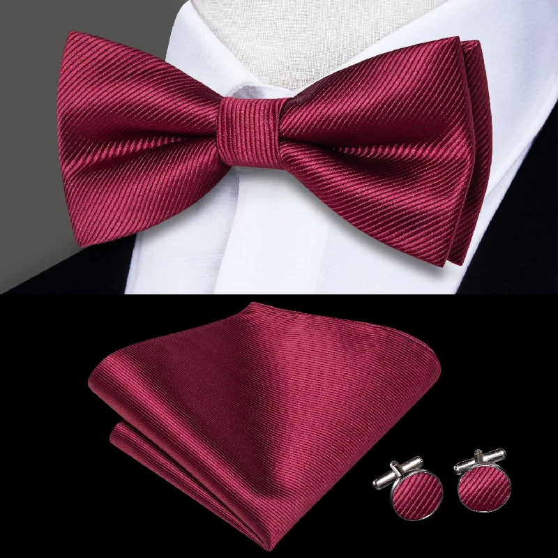 Burgundy Red Striped Men's Pre-tied Bowtie Pocket Square Cufflinks Set