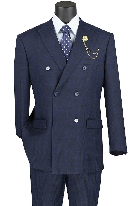 Alexander Collection - Navy Double Breasted 2 Piece Suit Regular Fit Tone on Tone Windowpane