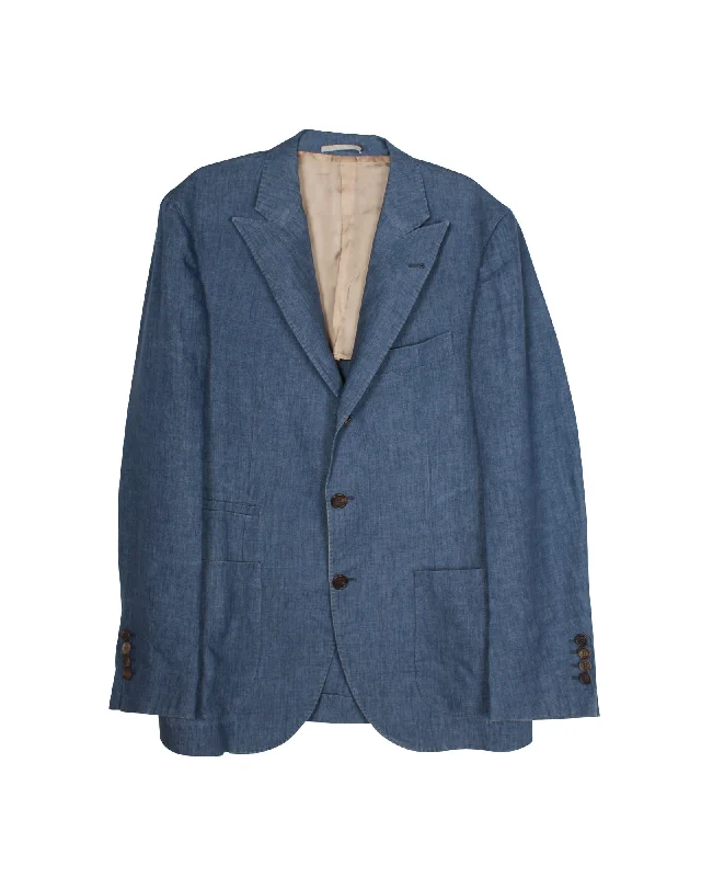 Brunello Cucinelli Tailored Single Breasted Blazer in Blue Linen