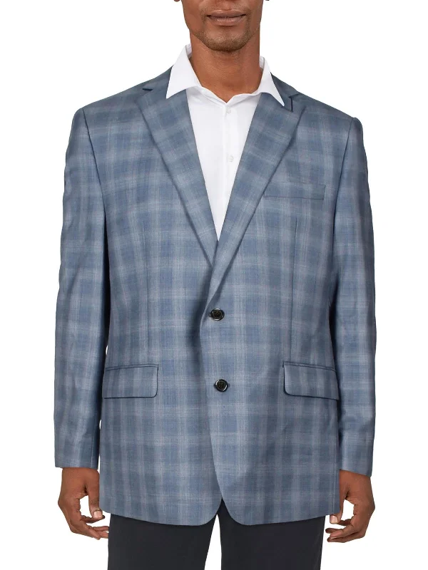 Mens Wool Blend Plaid Two-Button Blazer