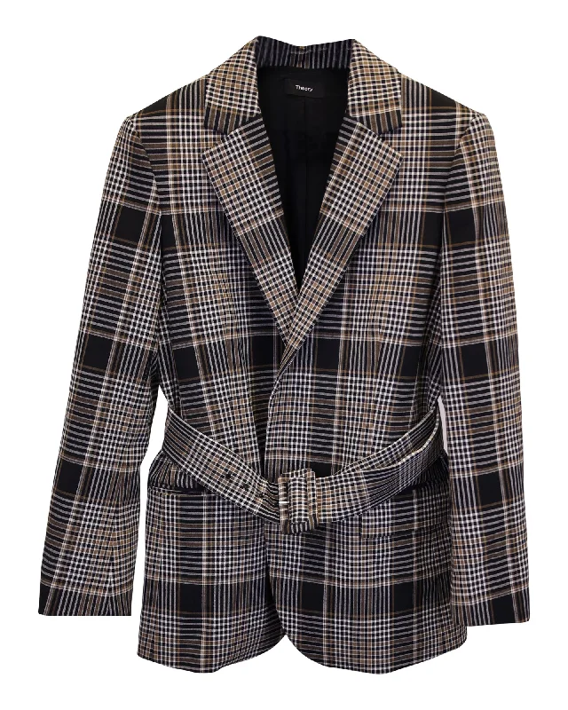 Theory Becket Belted Checked Blazer in Brown Polyester and Wool