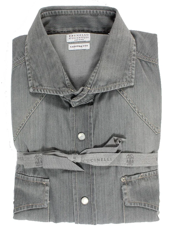 Brunello Cucinelli Denim Western Shirt Gray XS SALE