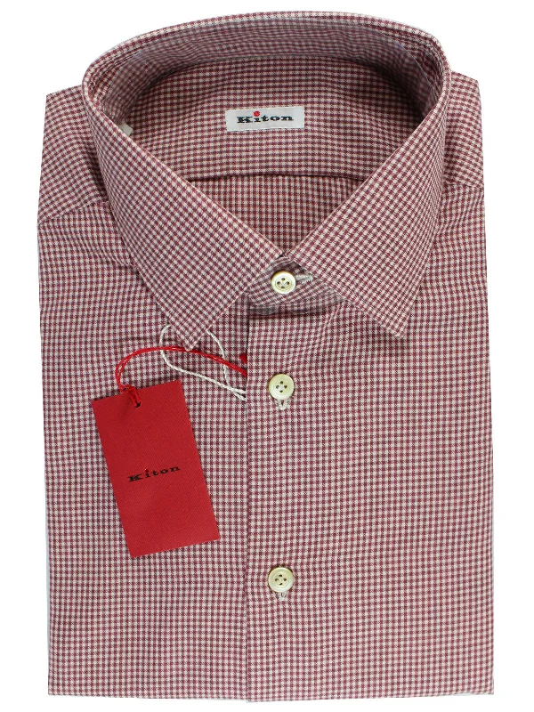 Kiton Dress Shirt Maroon White Check 44 - 17 1/2