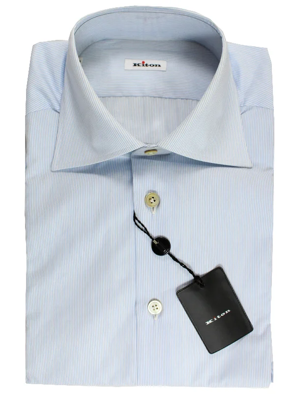 Kiton Dress Shirt White Blue Stripes Spread Collar 38 - 15