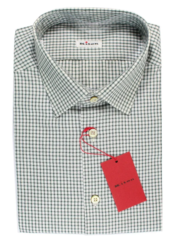 Kiton Dress Shirt White Green Check 36 - 14 SALE