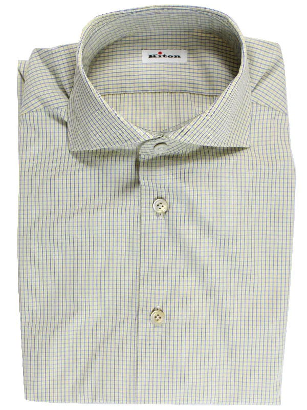 Kiton Dress Shirt White Lime Navy Check Spread Collar 38 - 15 SALE