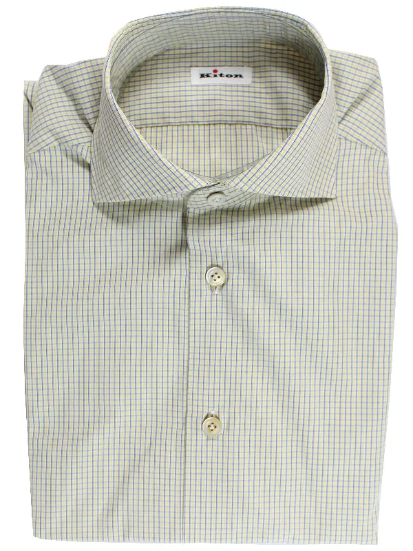 Kiton Dress Shirt White Lime Navy Check Spread Collar 41 - 16 SALE