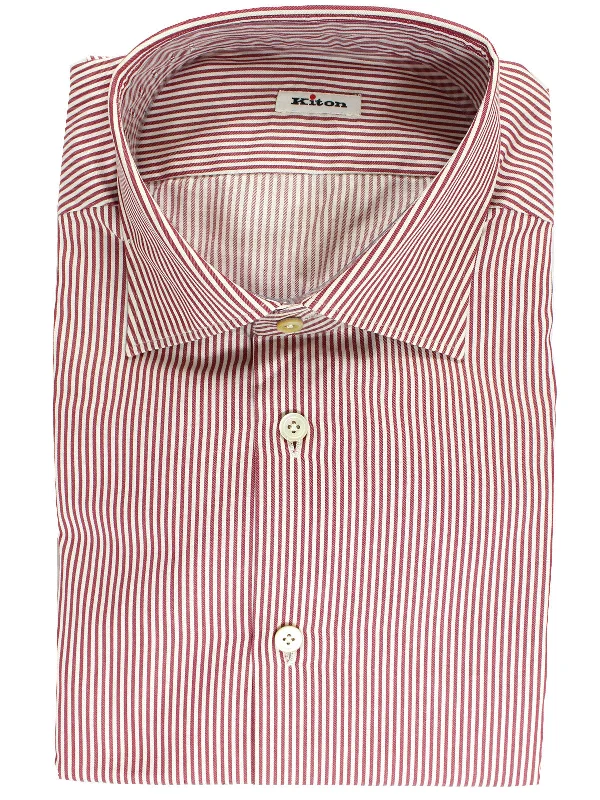 Kiton Dress Shirt White Maroon Stripes 43 - 17