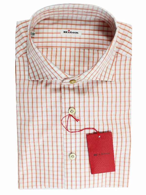 Kiton Dress Shirt White Orange Graph Check Spread Collar 39 - 15 1/2 REDUCED - SALE