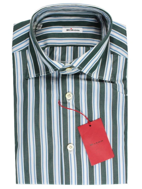 Kiton Shirt White Gray Blue Stripes Sartorial 38 - 15 SALE