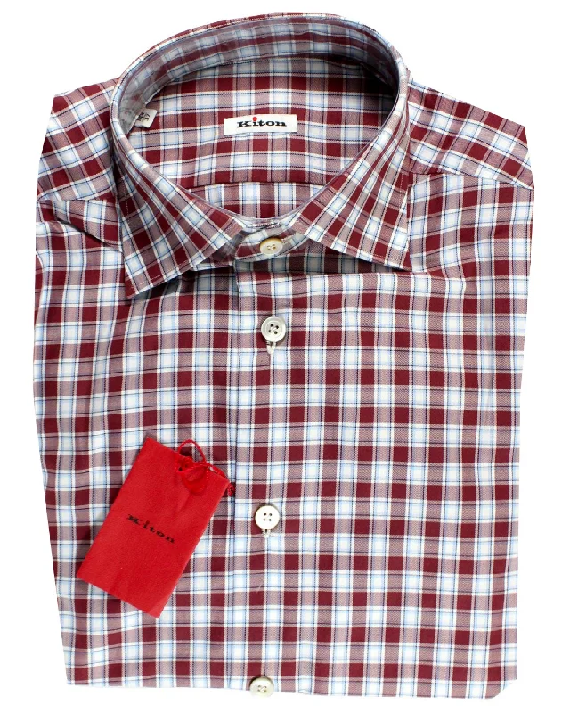 Kiton Shirt White Maroon Blue Plaid 37 - 14 1/2 SALE