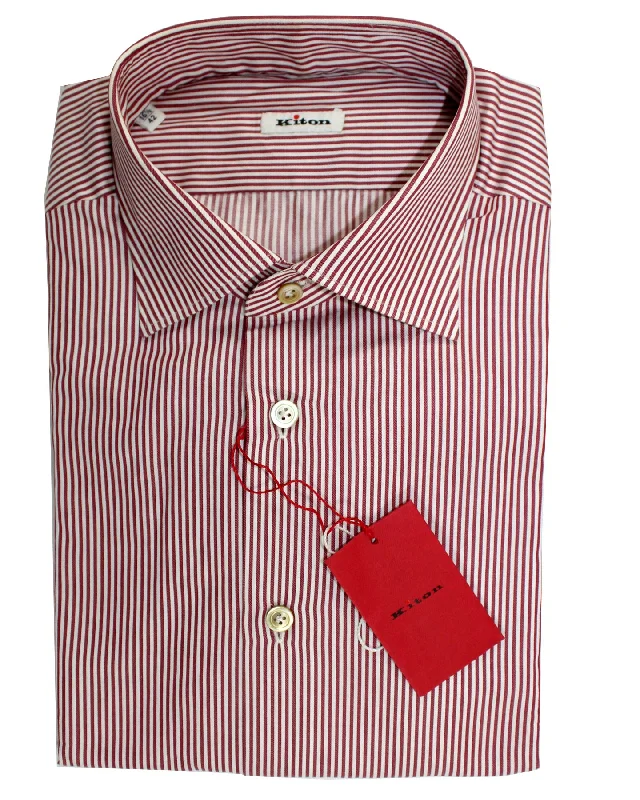 Kiton Shirt White Maroon Stripes Moderate Spread Collar 41 - 16