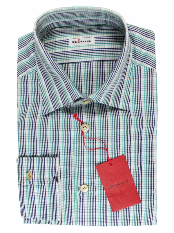 Kiton Shirt White Turquoise Green Navy Check Long Sleeve 41 - 16 BLACK FRIDAY SALE