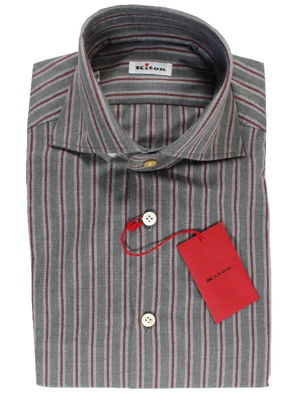 Kiton Shirt Gray Dark Red Stripes 38 - 15 SALE