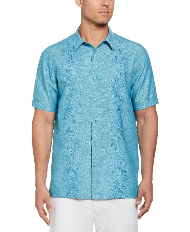 Linen Blend Tropical Embroidery Panel Shirt