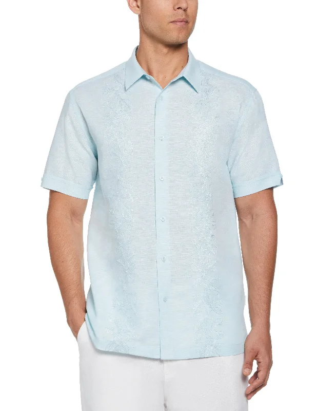 Linen Blend Tropical Embroidery Panel Shirt