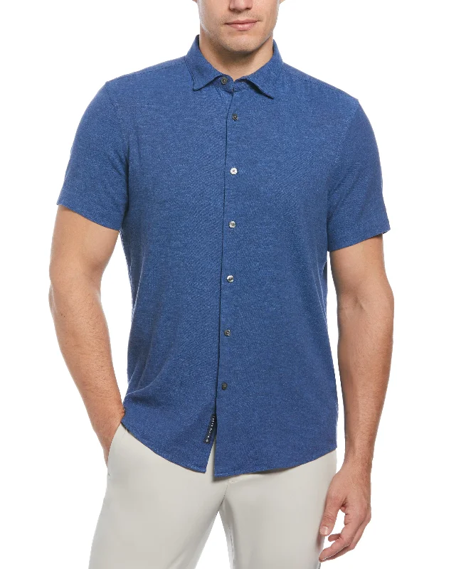 Untucked Slim Fit Linen Blend Heather Shirt - Blue