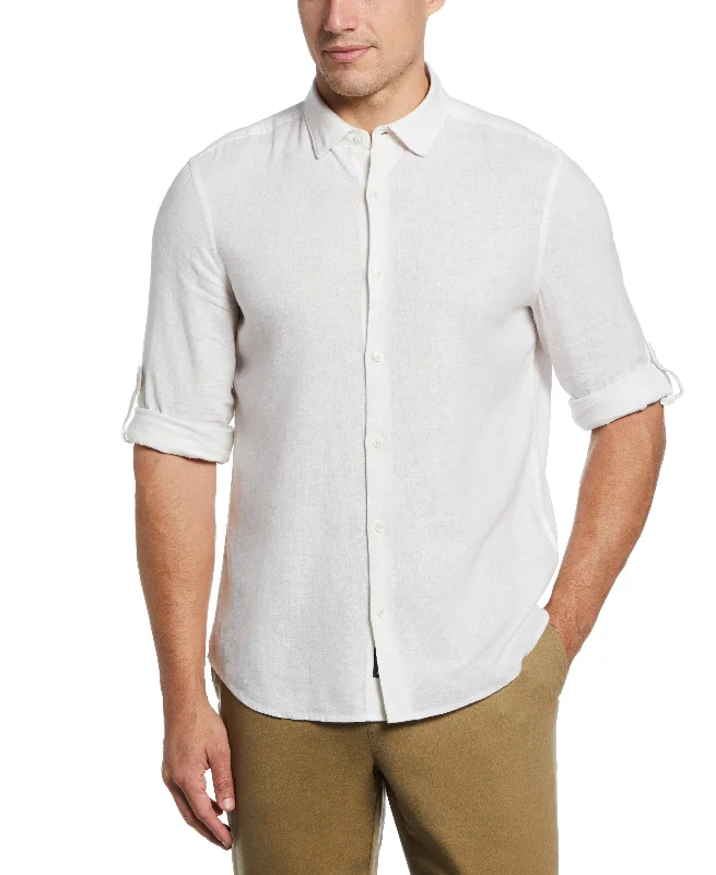 Untucked Slim Fit  Linen Blend Rolled Sleeve Shirt - White