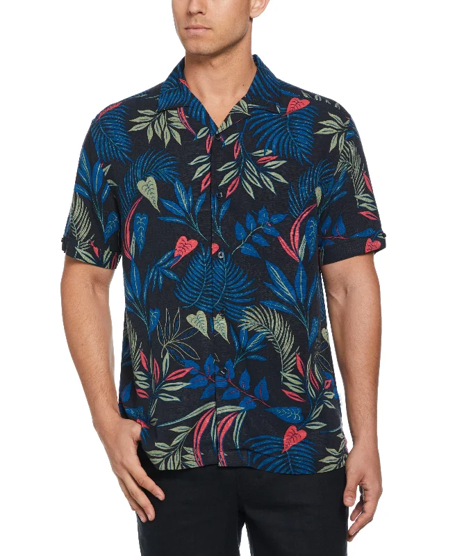 Textured Tropical Print Cuban Collar Shirt